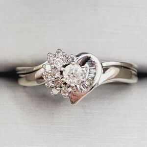 10k Solid White Gold Genuine Round & Baguette Diamond Heart Wedding Ring Set